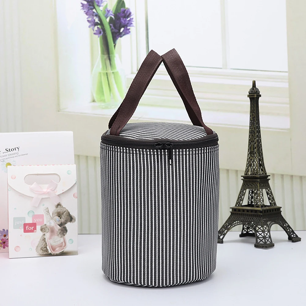 Cylindrical Lunch Bag Portable Thermal Insulated Lunch Box Tote Cooler Ice Bag Round Bento Pouch Waterproof Food Storage Bags