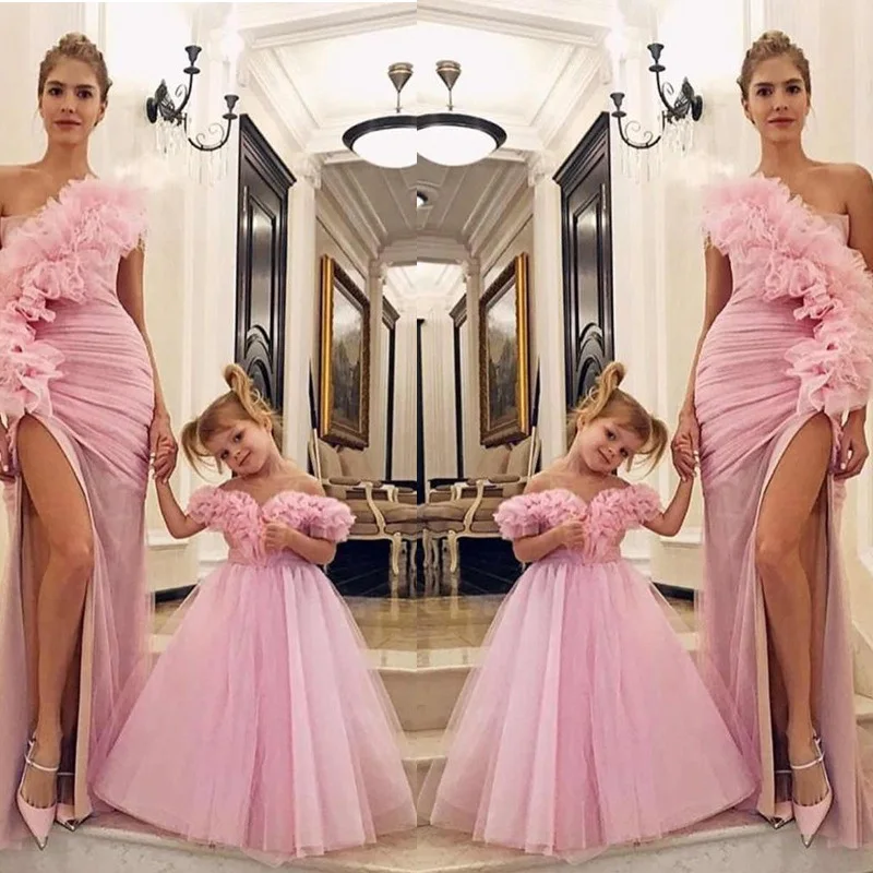 Beauty Flower Girl Dresses For Wedding Party One Shoulder Ruffles Tulle Princess Prom Mom Dresses Child Birthday Evening Gowns