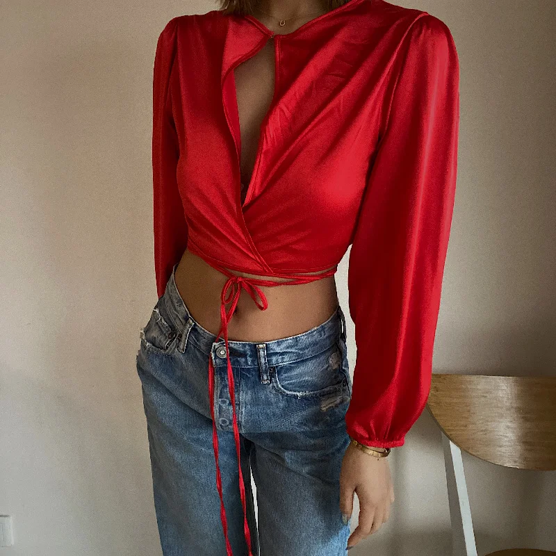 Women Satin Tie Waist Crop Top With Cut Out Detail A854