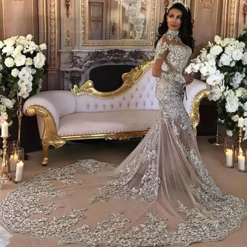 Hoge Kraag Zeemeermin Trouwjurk Boho Lange Mouwen Vloer Lengte Trompet Robe De Mariee Appliques Dubai Afrikaanse Bruidsjurken