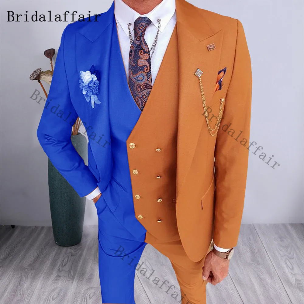 Bridalaffair Half Pink Orange Mixed colors Men Suits 2021 Fashion 3 Piece Set Peal Lapel Blazer Double Breasted Vest Slim Pants