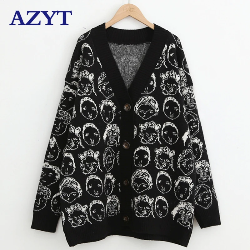 AZYT 2023 Autumn Winter New Comic V neck Cardigan Female Jacket Knitwear Sweater Coat Casual Knit Pull Femme Sweater For Women