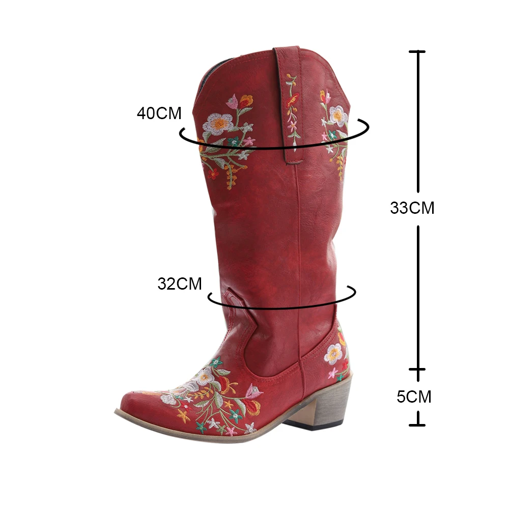 Retro Knee Hight boots Low Heel Autumn Winter Women Shoes Embroidered Design Western cowboy Long Boots Party femmes bottes 41