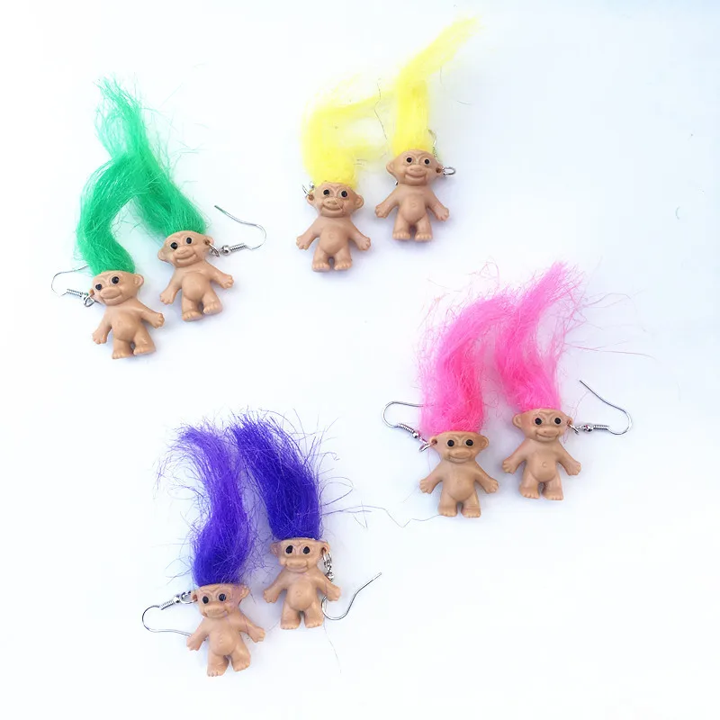 Donarsei Vintage Handmade Ugly Doll Drop Earrings For Women Cute Colorful Long Hair Doll Cartoon Dangle Earrings Party