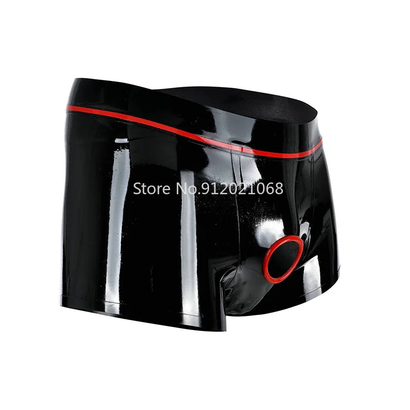 

Handmade Men Black Latex Boxer Shorts with Ring Hole Red Trims Pants Rubber Underwear Latex Lingerie Boxers Shorts