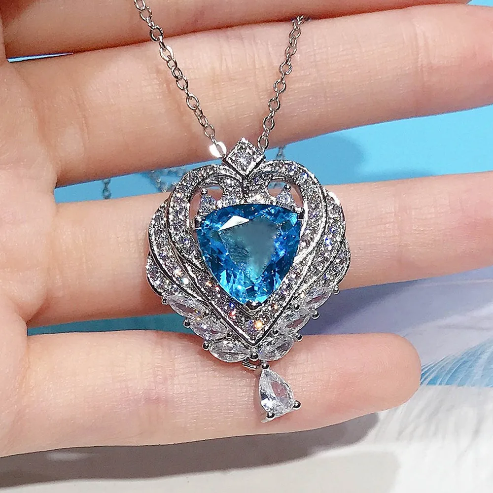 Heart of Ocean Blue Crystal Topaz Gemstones Diamonds Pendant Necklaces for Women 18k White Gold Silver Color Jewelry Bijoux Gift