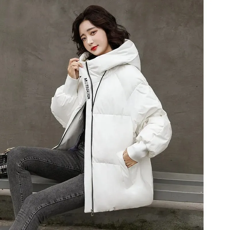 Chaqueta de estilo coreano para mujer, Parka corta holgada de gran tamaño con capucha, cuello alto, color blanco y negro, para invierno