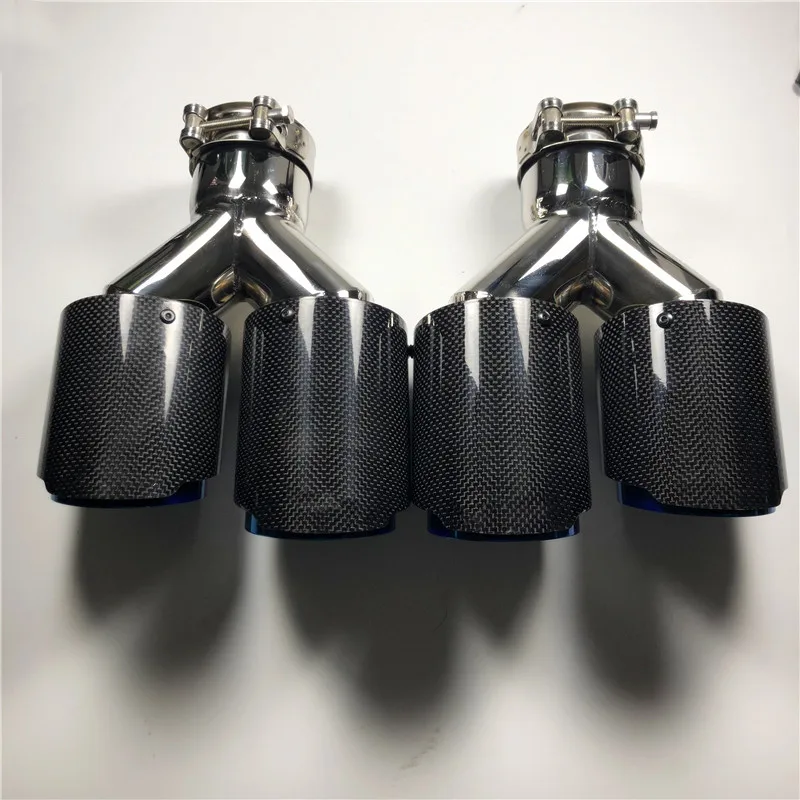 2 Piece Car Styling Y Model Right+Left Blue Stainless Steel Exhaust Pipe Glossy Black Carbon Fiber Muffler Tip