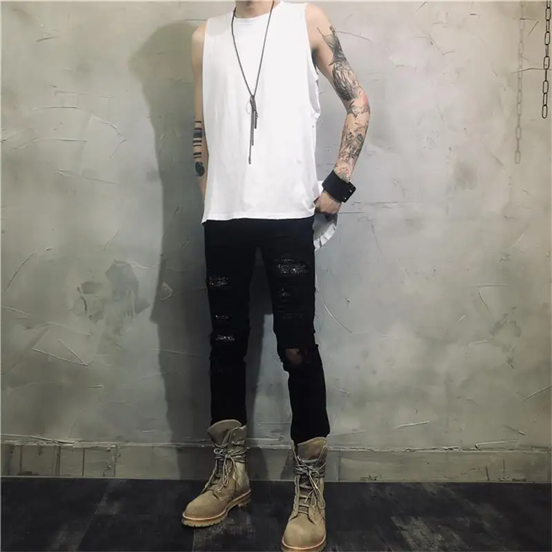 Men's Sleeveless T Shirt Summer New Personality Asymmetry Front Short Back Long Daily Leisure Loose Large Size Vest