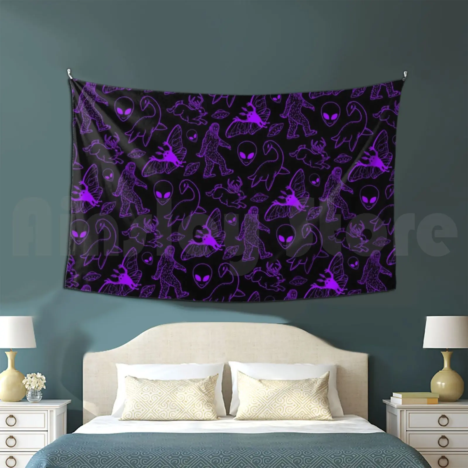 ( Purple Background ) Customized Tapestry Cryptid Cryptids Bigfoot Sasquatch Loch