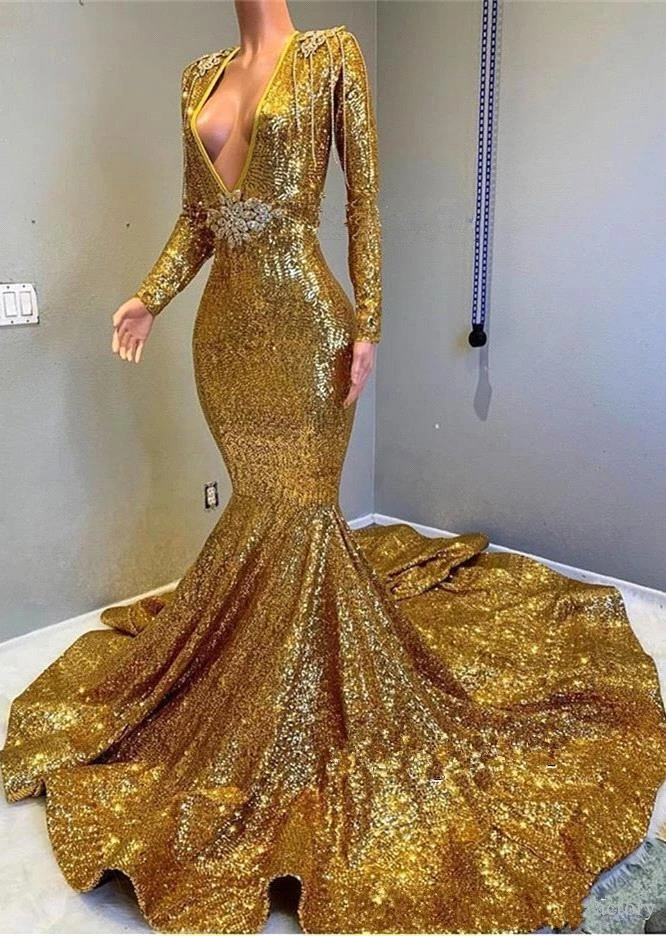 2020 Gold Funkelnden Langen Ärmeln Pailletten Meerjungfrau Prom Kleider Tiefem V-ausschnitt Perlen Stones Backless Sweep Zug Party Abendkleider