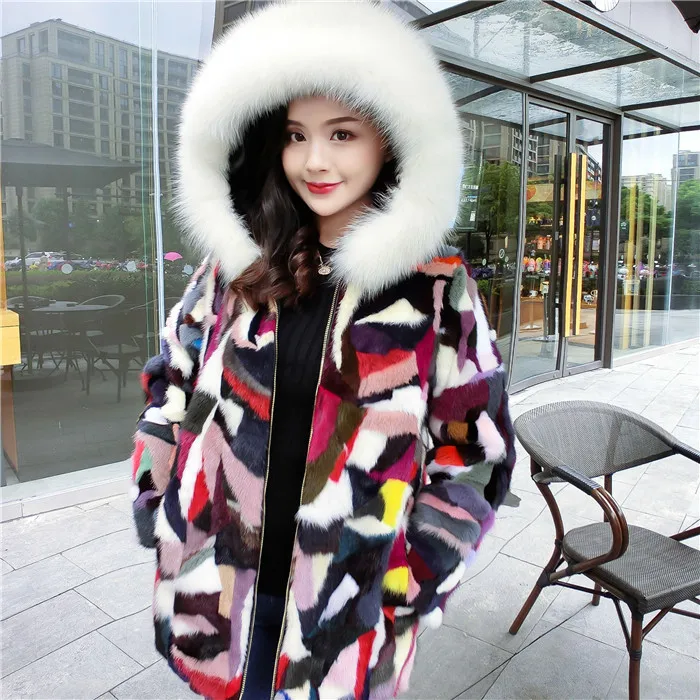 Pengiriman. Musim Dingin Tebal Gratis Hangat Wanita Genuine Mink Bulu Bulu Mantel Patchwork Nyata Bulu Jaket. Fashion Lady Fox Bulu Kerah Mantel Panjang