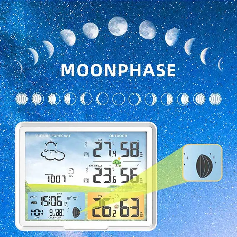 Protmex Jam Alarm Stasiun Cuaca Digital Multifungsi Dalam/Luar Ruangan Prakiraan Cuaca Termometer Higrometer 2 Sensor Nirkabel