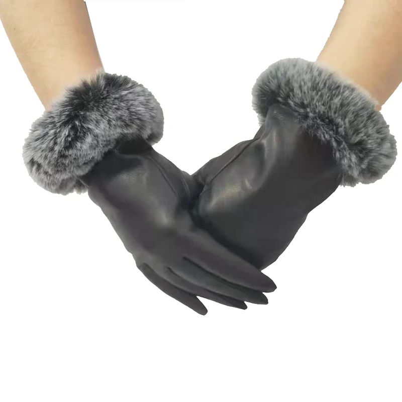 Real sheepskin lady gloves imitation Rex Rabbit Fur mouth decoration, coral velvet lining, touch screen riding windproof