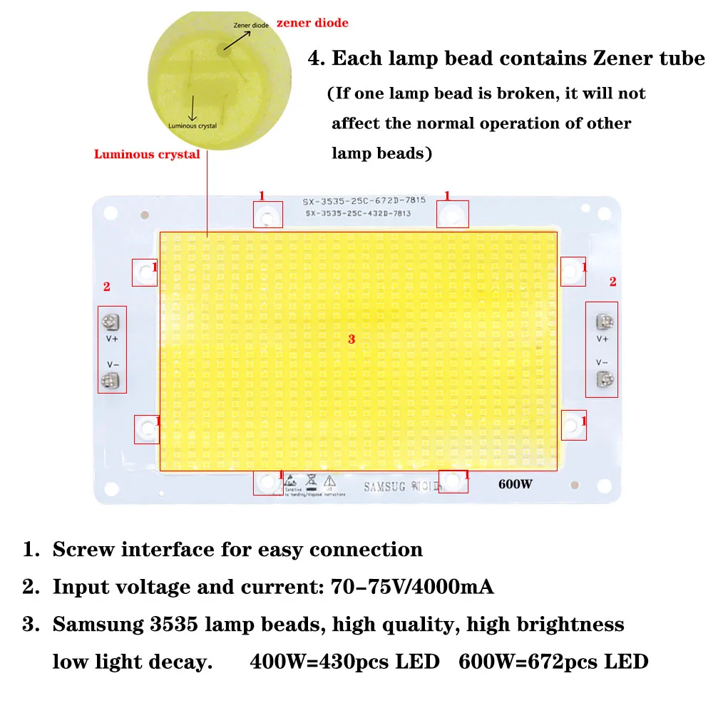 Circuito Integrato del LED 400W 600W Luce COB 70-75V Ad Alta Potenza 4000mA HA CONDOTTO LA Lampadina PANNOCCHIA di Chip Freddo bianco Per la Luce