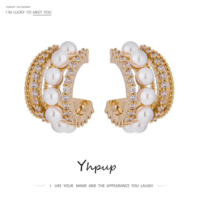 Yhpup Stylish Imitation Pearls Geometric Stud Earrings Exquisite High Quality Cubic Zirconia Temperament Jewelry for Women