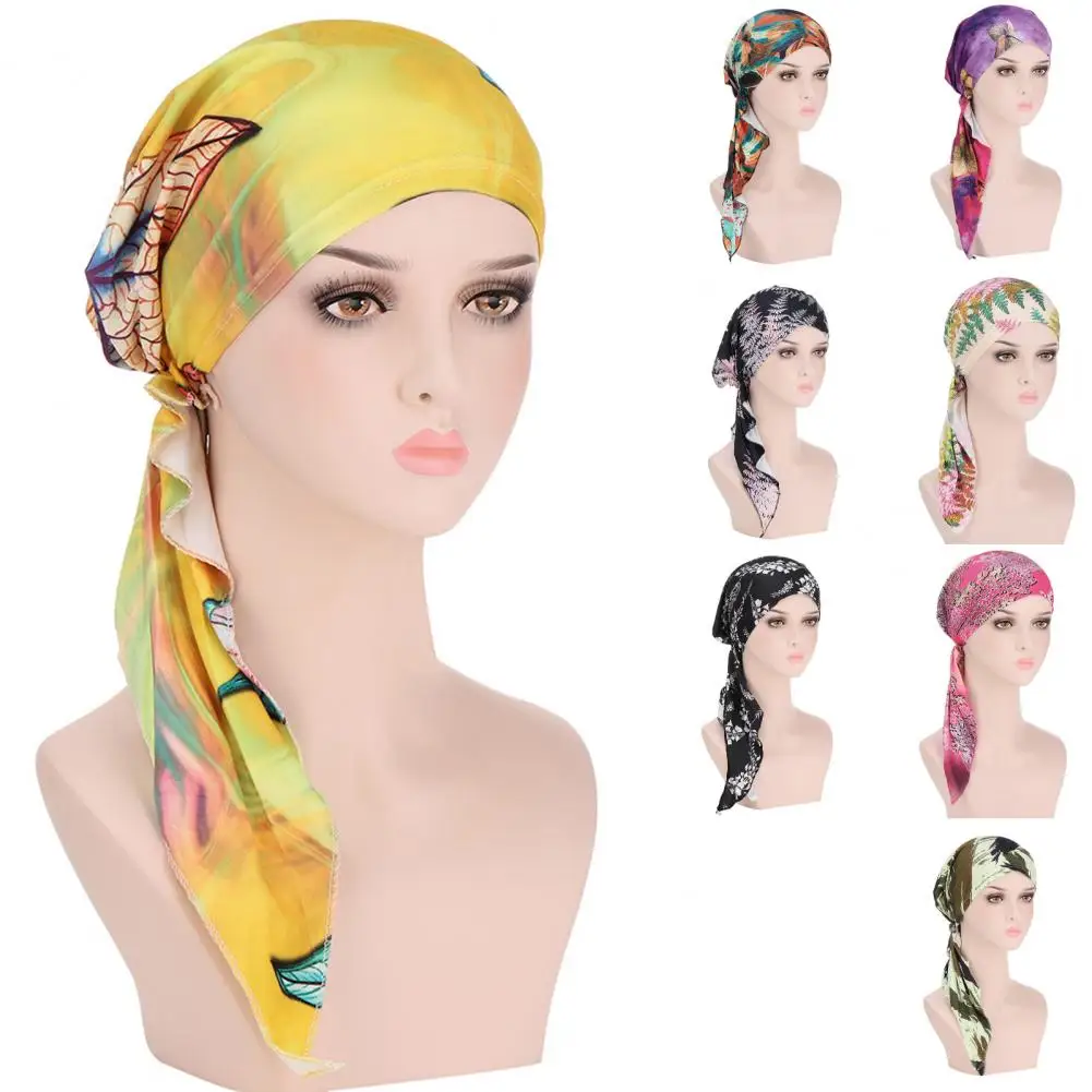 Traditional Headscarf Cap Floral Print Pre Tied Turban Cap Head Wrap Women Tassel  Bandana Hat Turban Cap Hair Accessories