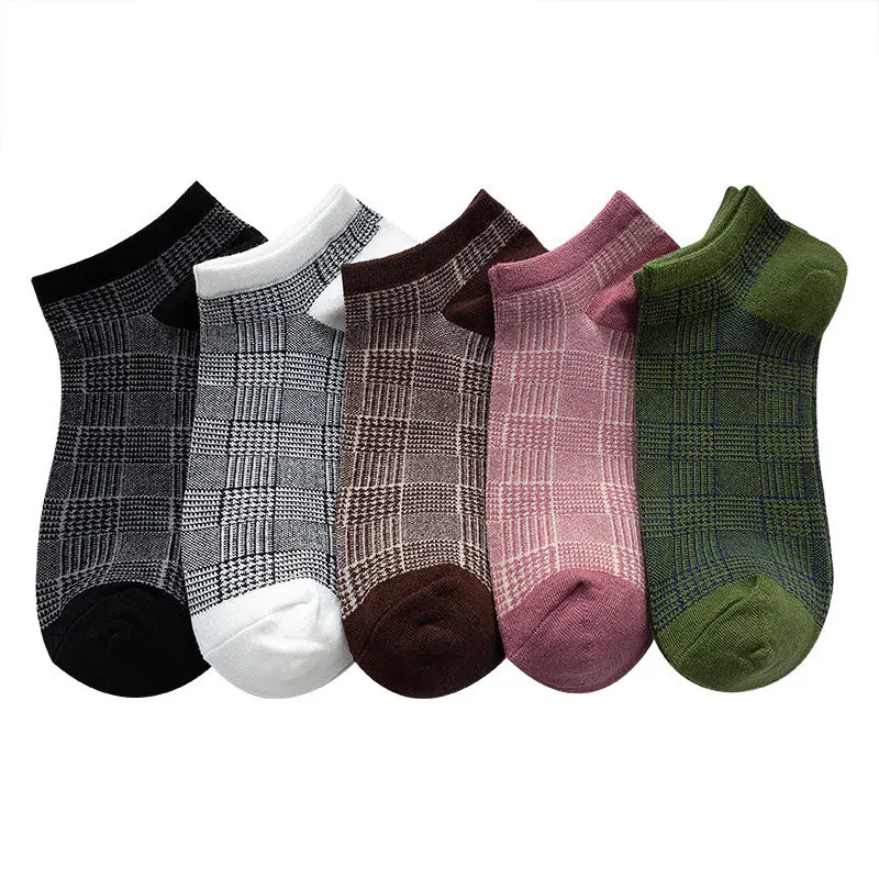 Spring And Summer The New Women Fashion Cotton Lattice Color Matching Socks Female Retro Short Heel Breathable Socks