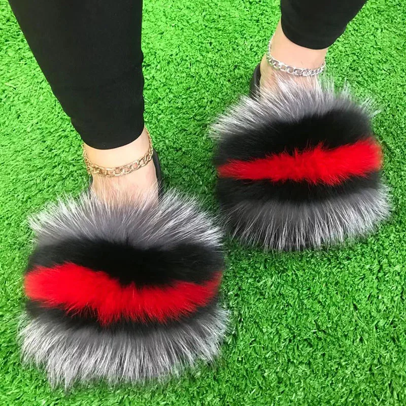 Summer Women Essential Fluffy Fur Sandals Ladies Practical Family Home Breathtaking Fur Slides Gril\'s Furry Fur Beach Flip Flops