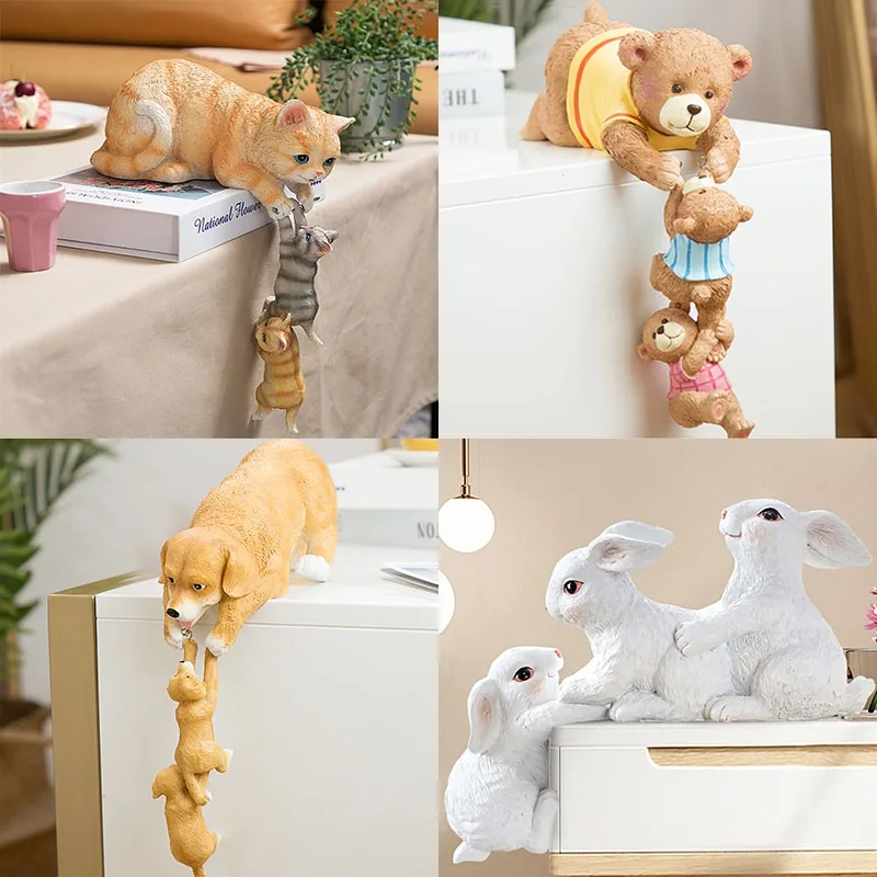 High Quality Resin 3 Cat Rabbit Statue DIY Outdoor Garden Tree Decoration Animal Sculpture For Home Office Garden Decor Ornament