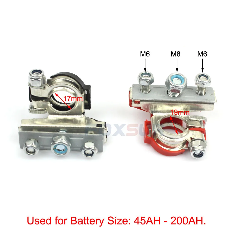 FOXSUR Car Automotive Battery Connector Top-Post Battery Cable Terminal with M6 M8 Screw Positive Negative Clamp Connector 1 set