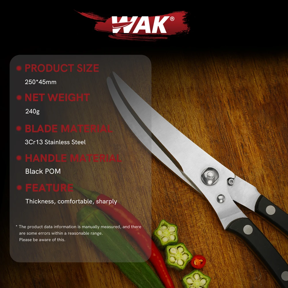 WAK Kitchen Power Scissors for Fish Meat Cutting Stainless Steel Shear Chicken Bone Scissors Black Handle Scissors Festival Gift