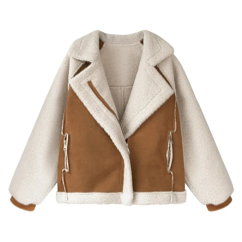 Giacca in pelle scamosciata cappotto in pelliccia sintetica donna giacca da moto in Cashmere di agnello corto cappotto invernale Chic cappotto in lana di agnello sciolto Aviator Outwear nuovo