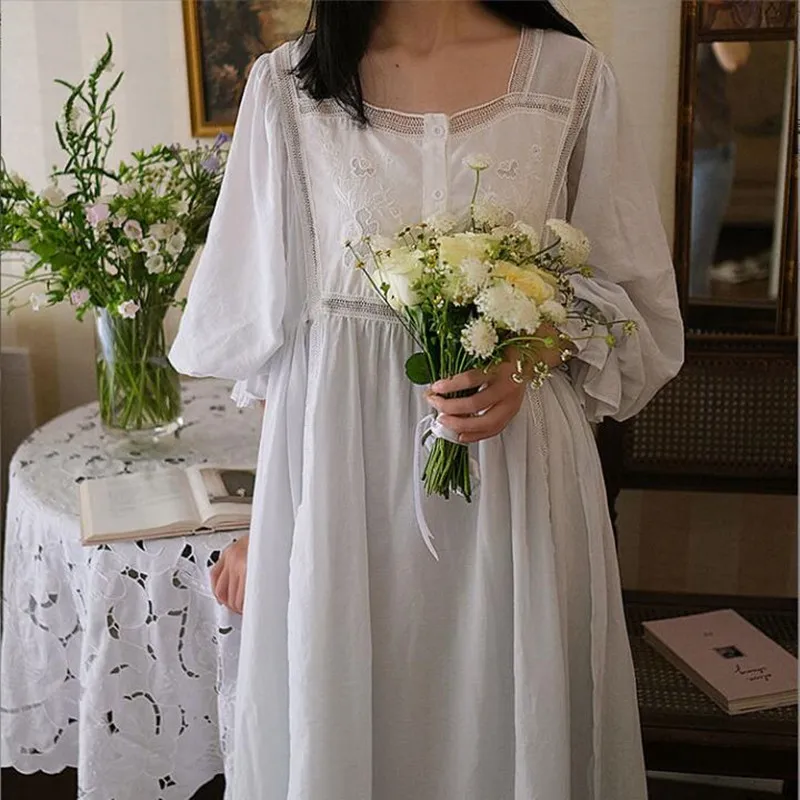 Women 100% Cotton Long White Nightdress Lace Square Collar Full Sleeves Ankle-Length Nightie Loose Victoria Vintage Nightgowns