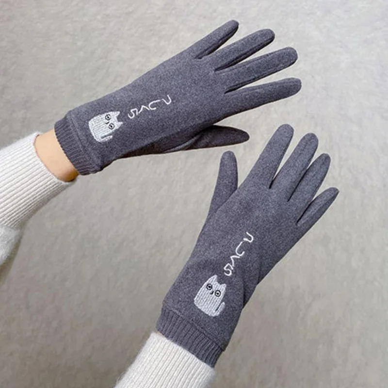 Korean Women's Winter Outdoor Riding Warm Mittens Cute Cartoon Cat Embroidered Cold Full Finger Touch Screen Driving Gloves S59