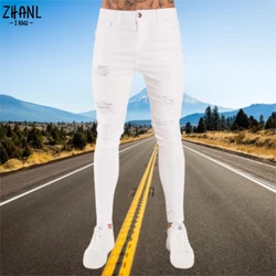 Jeans Wihte Men Elastic Waist Skinny Jeans 2023 Stretch Ripped Denim Pants Streetwear Summer Mens High Quality Joggers Trousers