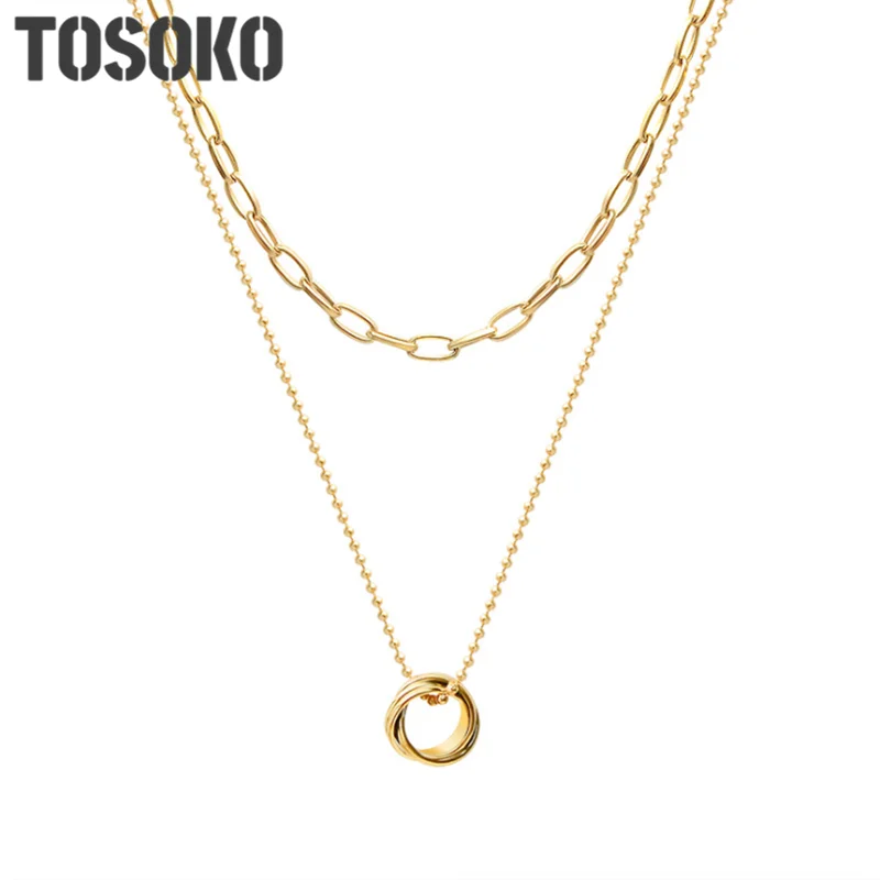 TOSOKO Stainless Steel Jewel Ring Cross Pendant Necklace Double Thick Chain Handsome Necklace For Woman BSP648