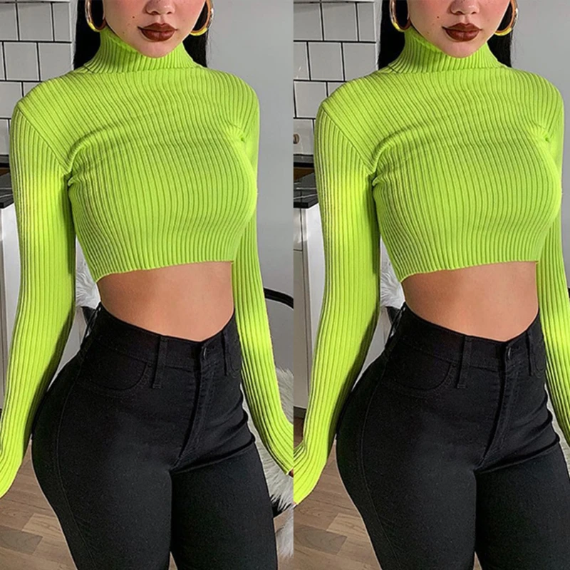 Women Long Sleeve Turtleneck Sweater Ribbed Knit Neon Green Bodycon Crop Top Y1AC