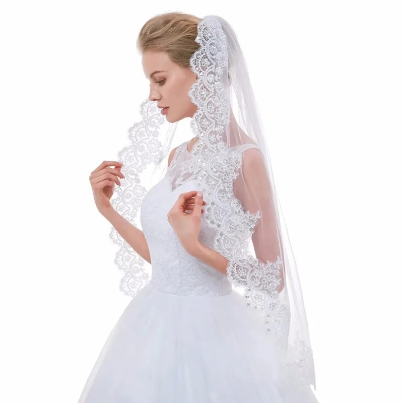 White Ivory Bling bling one Layers Applique Lace Bridal veil Wedding Veils With Comb Velos De Novia Wedding accessories