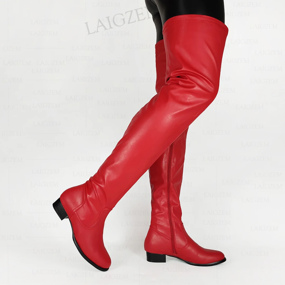 LAIGZEM Women Over Knee Boots Side Full Zip Round Toe Low Heels Boots Comfortable Unisex Lady Shoes Woman Big Size 42 45 47 52