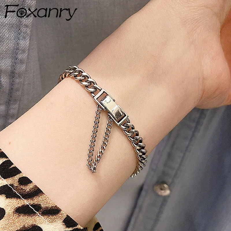 

Foxanry Silver Color Bracelet New Trendy Rock Hip Hop Vintage Couples Simple Thick Chain Tassel Party Jewelry Charm Gifts