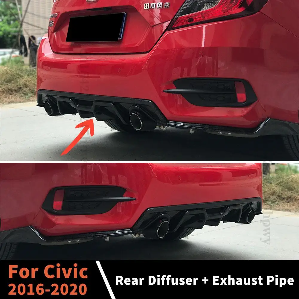 Rear Side Bumper Diffuser Lip Deflector Spoiler Bumper Lip Cover Exhaust Pipe For Civic 10TH Gen 2016 2017 2018 2019 2020