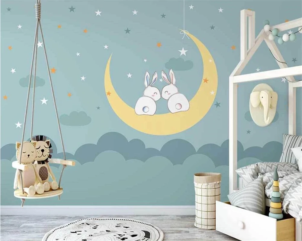 

beibehang Customize wall papers home decor new nordic hand-painted moon ship clouds children room background wallpaper