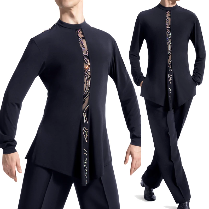 Lace Mesh Latin Dance Tops Men Rhinestone Flower Long Sleeves Shirts Sexy Costume Samba Rumba Cha Cha Competition Wear DNV13907