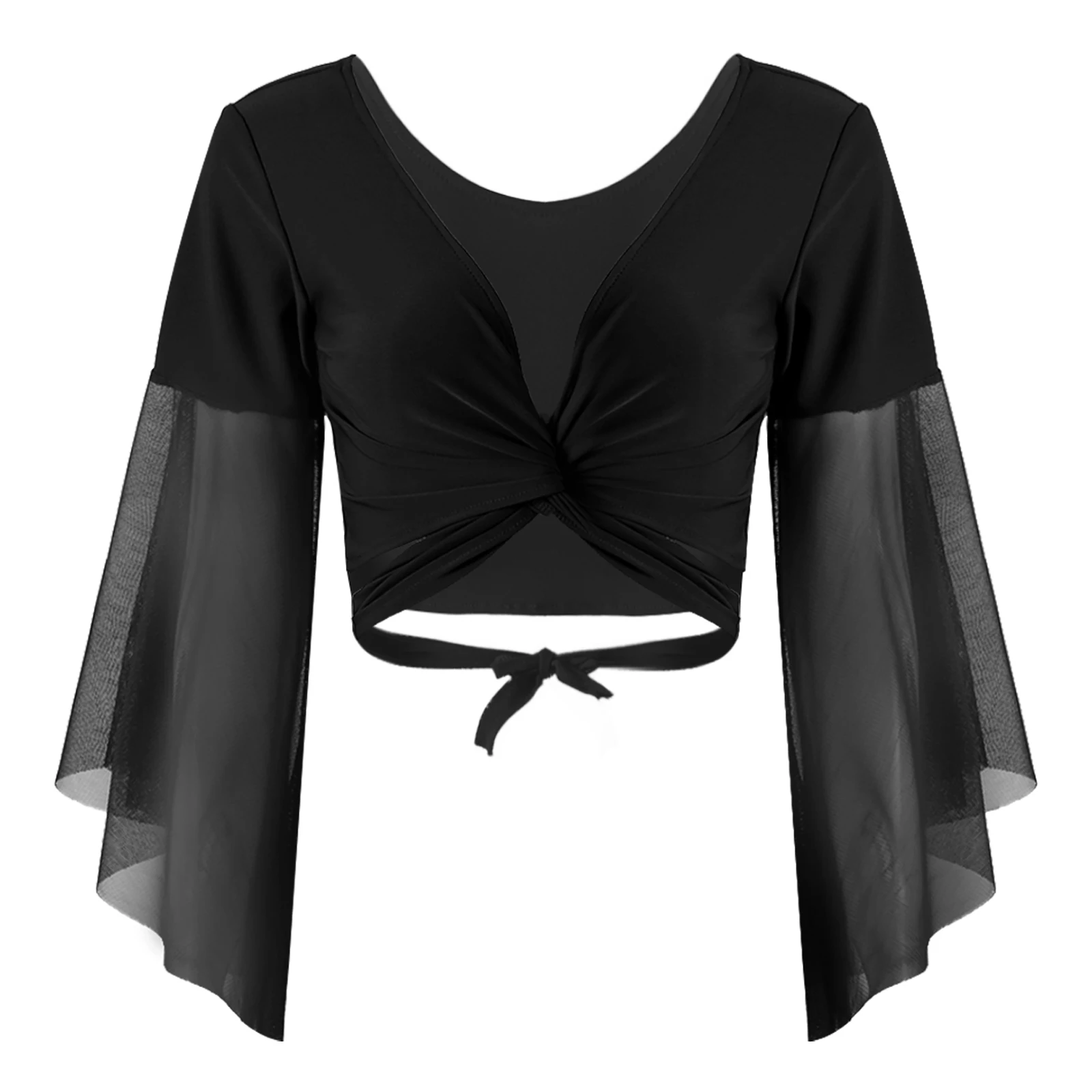 Kobiety V Neck sznurowane topy do tańca brzucha koszule Dancewear 3/4 tiul rozkloszowany rękaw Solid Color krótki Top pokaz sceniczny kostiumy