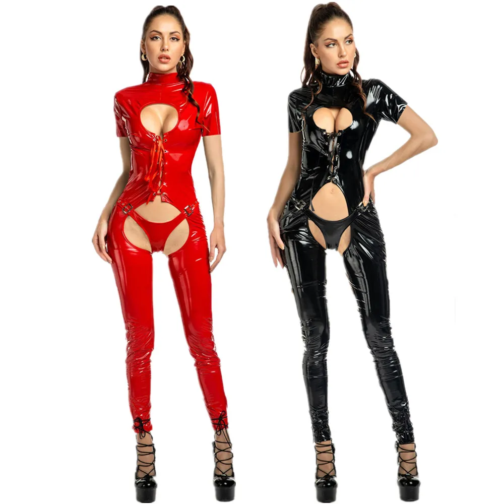 

Sexy Women Faux Leather Catsuit Wetlook Latex Bodysuit Front Bondage Open Crotch Jumpsuits Fetish Erotic Clubwear Costumes