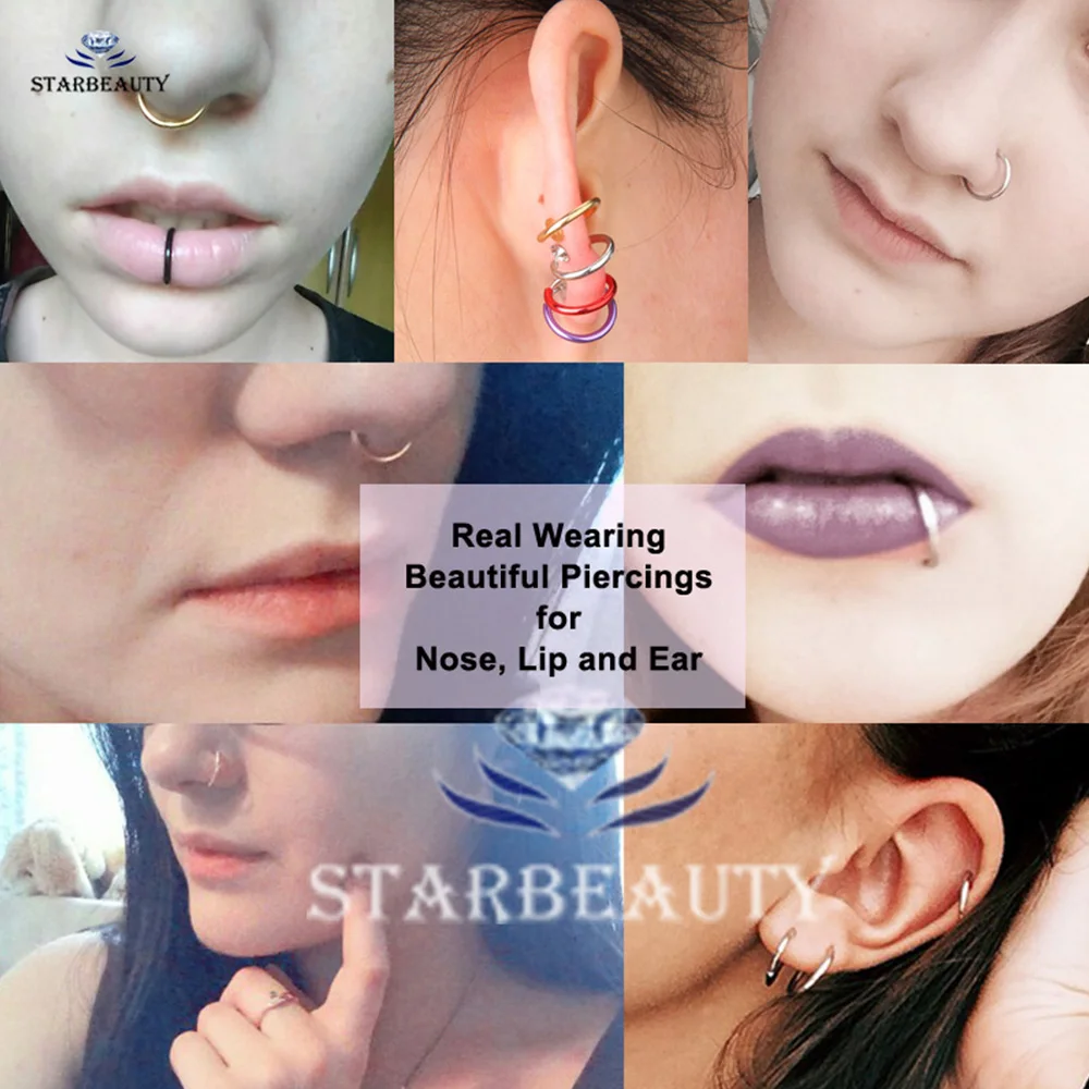 Starbeauty 2Pcs 0.8x10mm Labret Piercing Lip Fake Nose Ring Hoop Septum Rings Faux Nose Piercing Ear Clip Earrings Helix Jewelry
