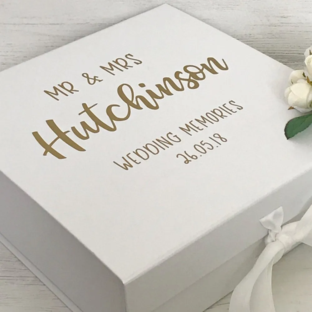 Personalised wedding memory box with gold lettering white cutom Bride keepsake box Birthday gift  box honeymooning memories box,