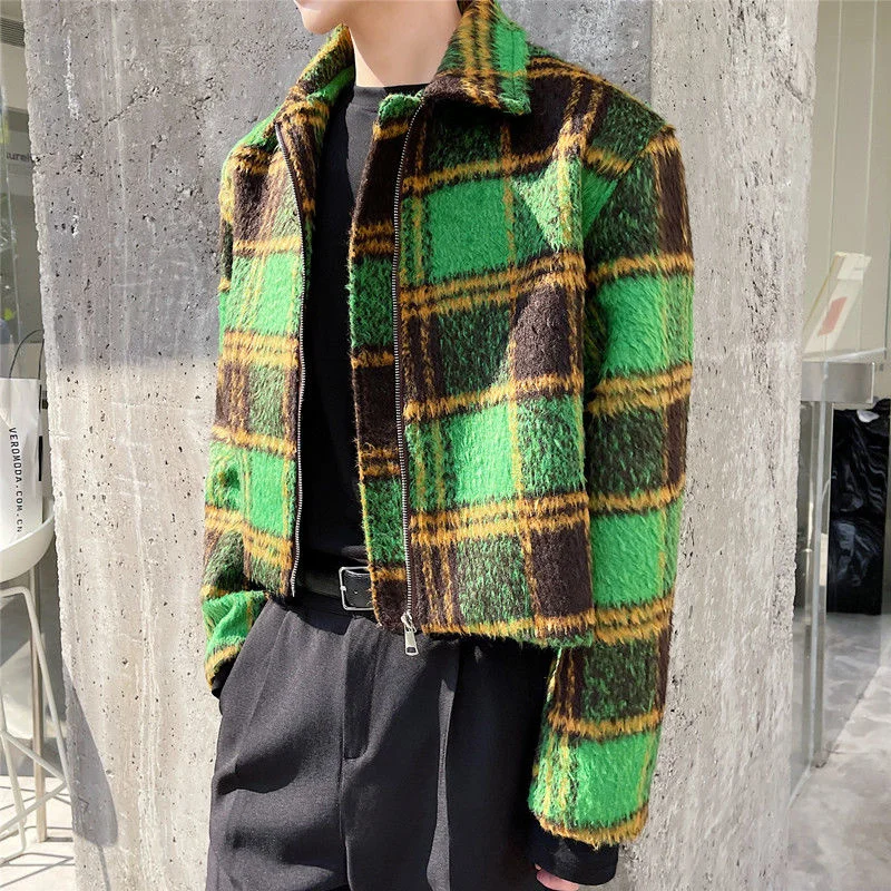 IEFB men\'s autumn winter Woolen Plaid short jacket vintage fashion Lapel zipped coat long sleeve colorblocked clothing