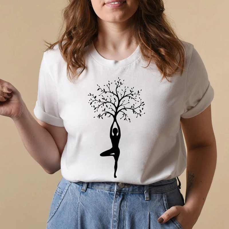 

Yoga Tree 100% Cotton T-shirt Funny Women Exercise Workout Tshirt Aesthetic Hipster Meditation Top Tee