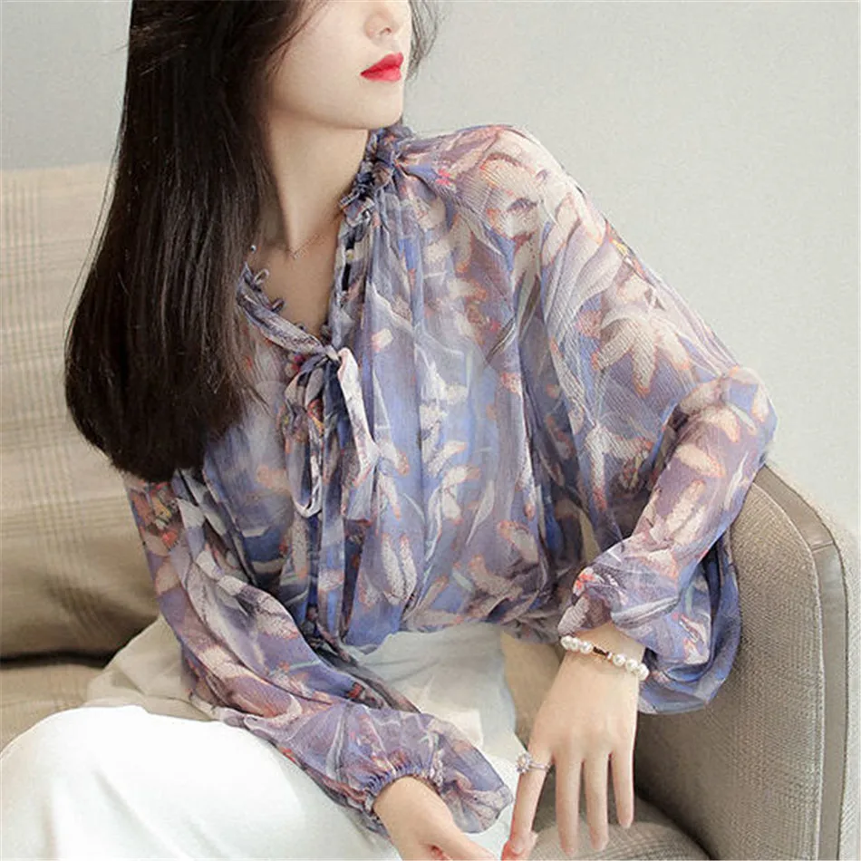 

Spring Autumn Women Chiffon Shirts Elegant Long Sleeve Stand-Up Collar Casual Bluses Print Top Blusas MM1331