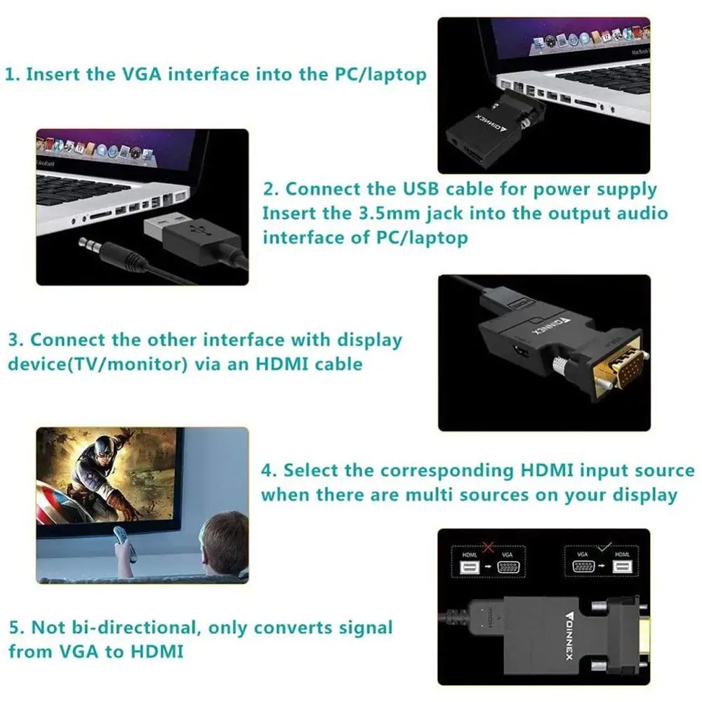 FOINNEX VGA do Adapter HDMI konwerter z dźwiękiem,(PC źródło wyjście VGA do TV/Monitor HDMI złącze)