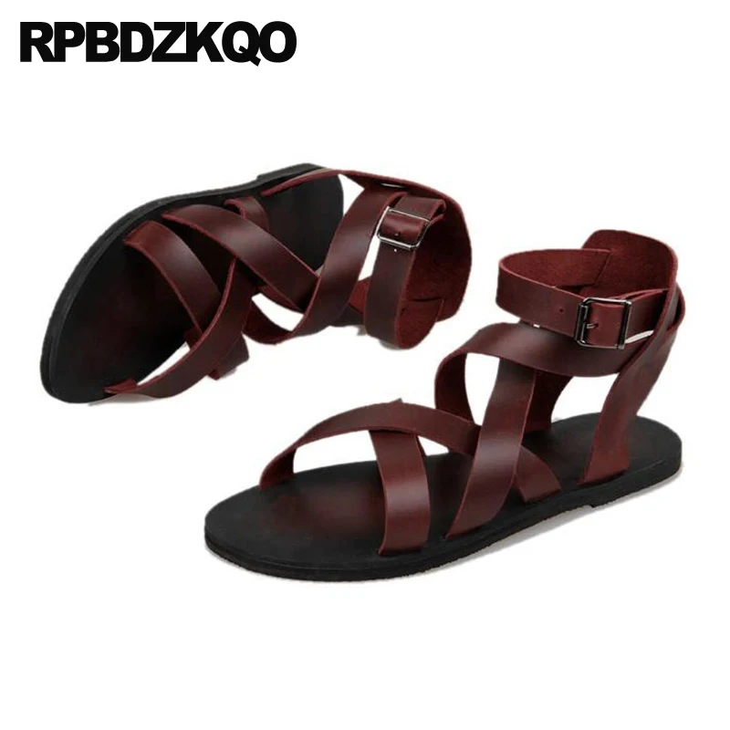 Real Genuine Leather Men Gladiator Sandals Summer Boots Burgundy Ankle Strap Beach Breathable Flat Roman 2023 Shoes Open Toe