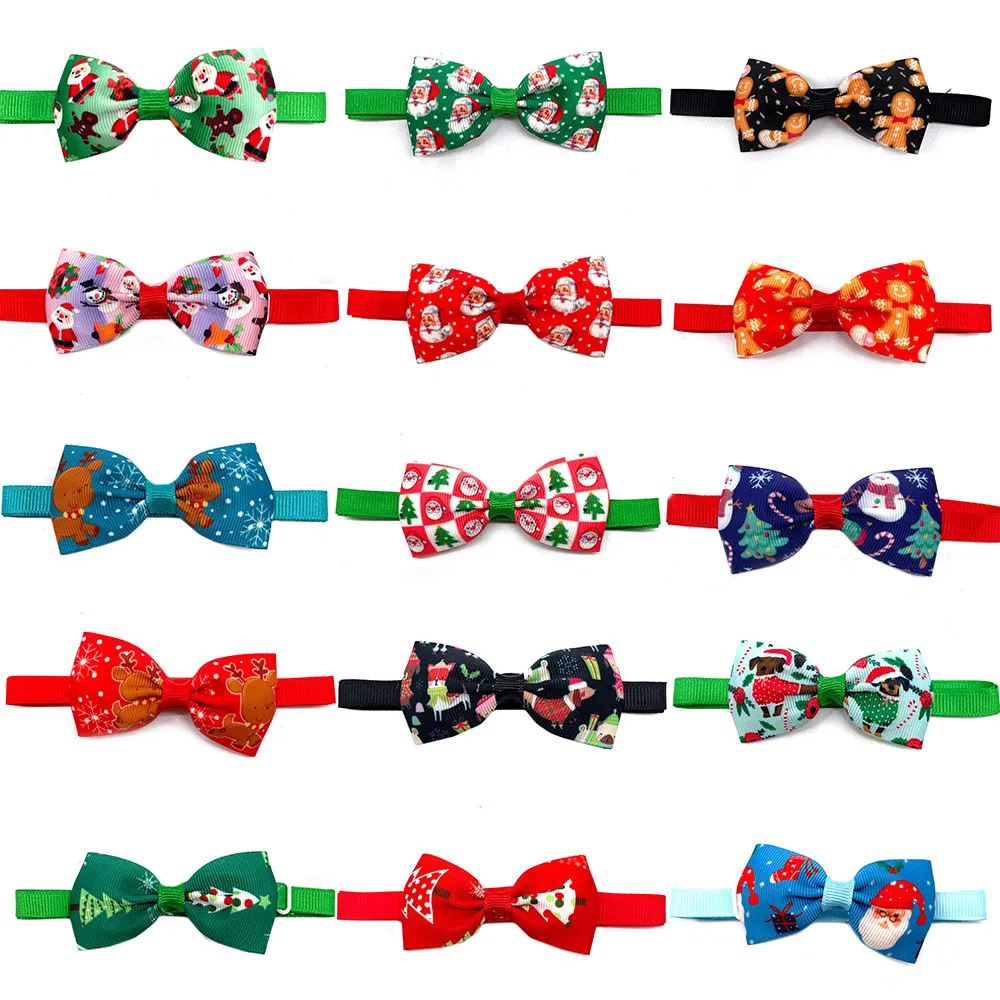 

10pcs Christmas Pet Accessories Snowman Santa Claus Style Pet Dog Bowties Adjustable Puppy Dog Cat Bowtie for Small Middle Dog