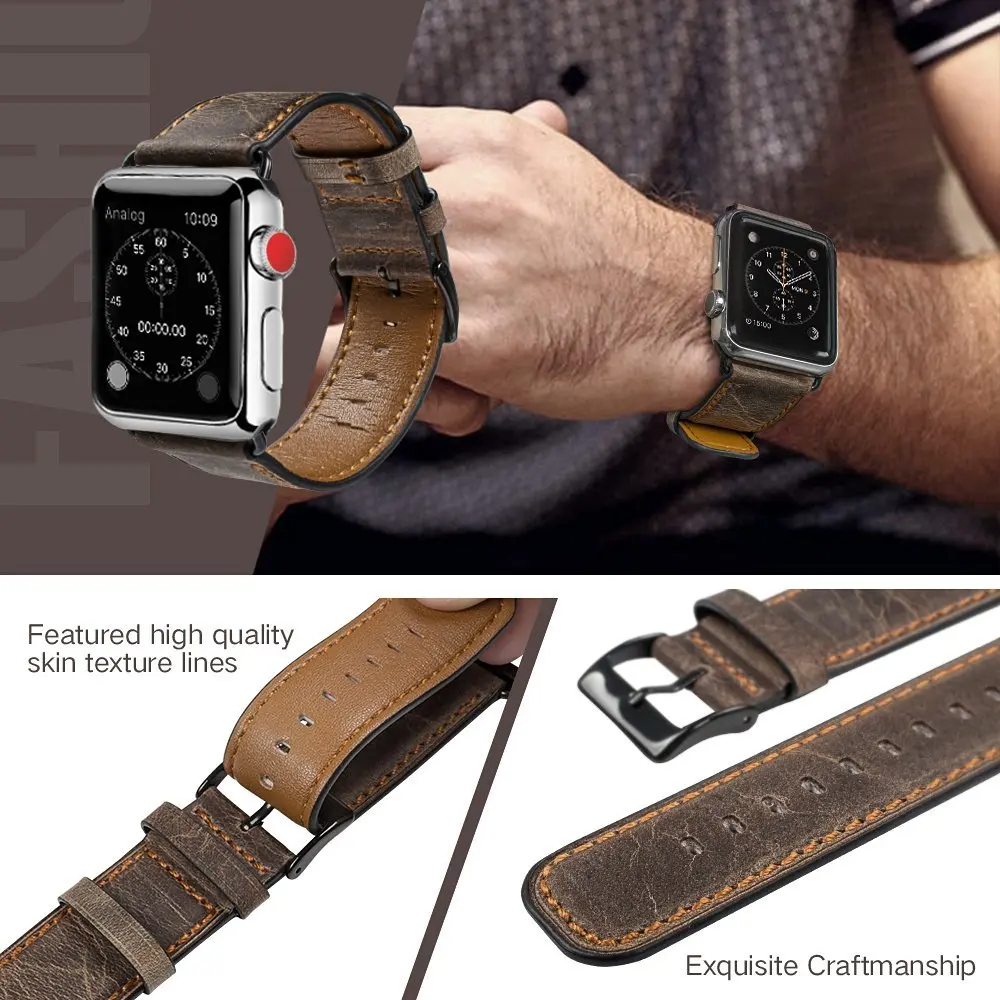 Leather Strap for Apple watch band 44mm 40mm 38mm 42 mm Retro Genuine Leather watchband bracelet iWatch series 5 4 3 se 6 band