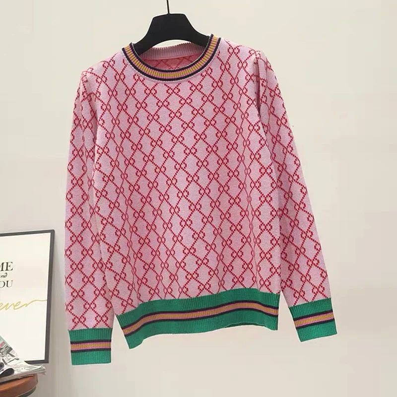 Autumn And Winter New Loose Knit Sweater Korean Style Pullover Round Neck Geometric Clash Jacquard Casual Sweater Jumper